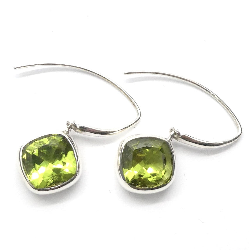 Peridot Earrings | Faceted Square| 925 Sterling Silver | Bezel Set | Designer Hooks |Joyful Heart Prosperity | Genuine Gems Crystal Heart Australia since 1986
