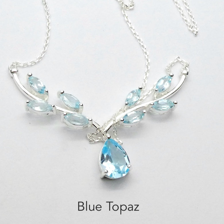Blue Topaz Necklacle | 9 faceted Stones | 925 Sterling Silver | Nature Theme | Dainty Setting | Genuine Gemstones from Crystal Heart Melbourne Est 1986