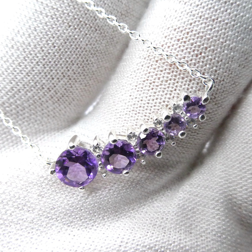 Amethyst Necklace | 5 Flawless Faceted Rounds | Fine Silver Chain | Comet with Tail | Spiritual Vision | Genuine Gems from Crystal Heart Melbourne Australia since 1986