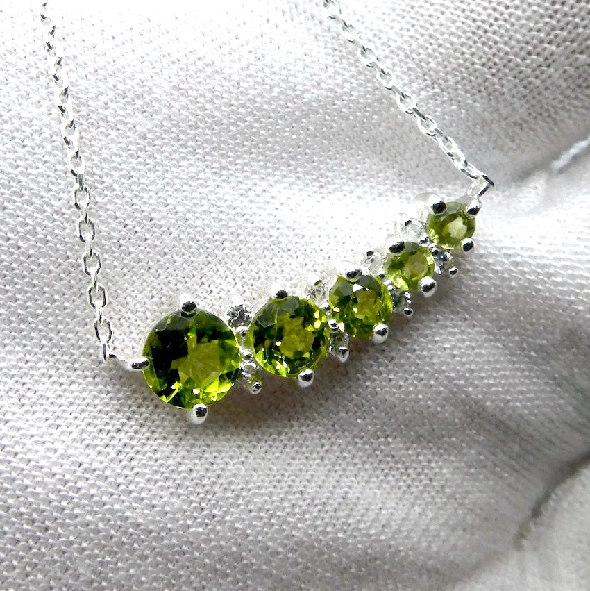 Peridot Necklace | 5 Flawless Faceted Rounds | Fine Silver Chain | Comet with Tail | Joyful Heart | Genuine Gems from Crystal Heart Melbourne Australia since 1986