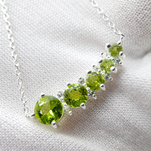 Peridot Necklace | 5 Flawless Faceted Rounds | Fine Silver Chain | Comet with Tail | Joyful Heart | Genuine Gems from Crystal Heart Melbourne Australia since 1986