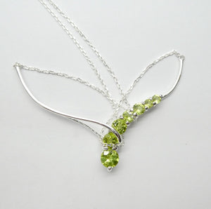 Peridot Comet Necklace, 7 Faceted Rounds, Fine Chain, 925 Silver