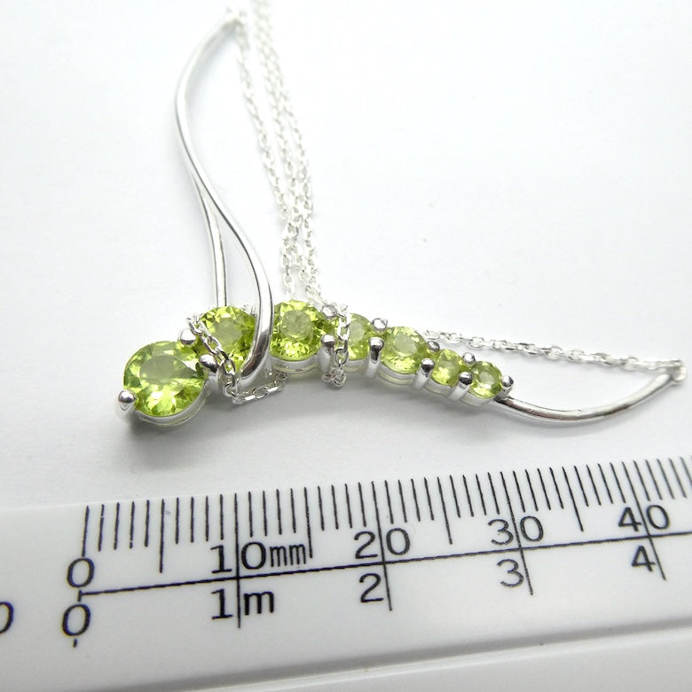 Peridot Comet Necklace, 7 Faceted Rounds, Fine Chain, 925 Silver