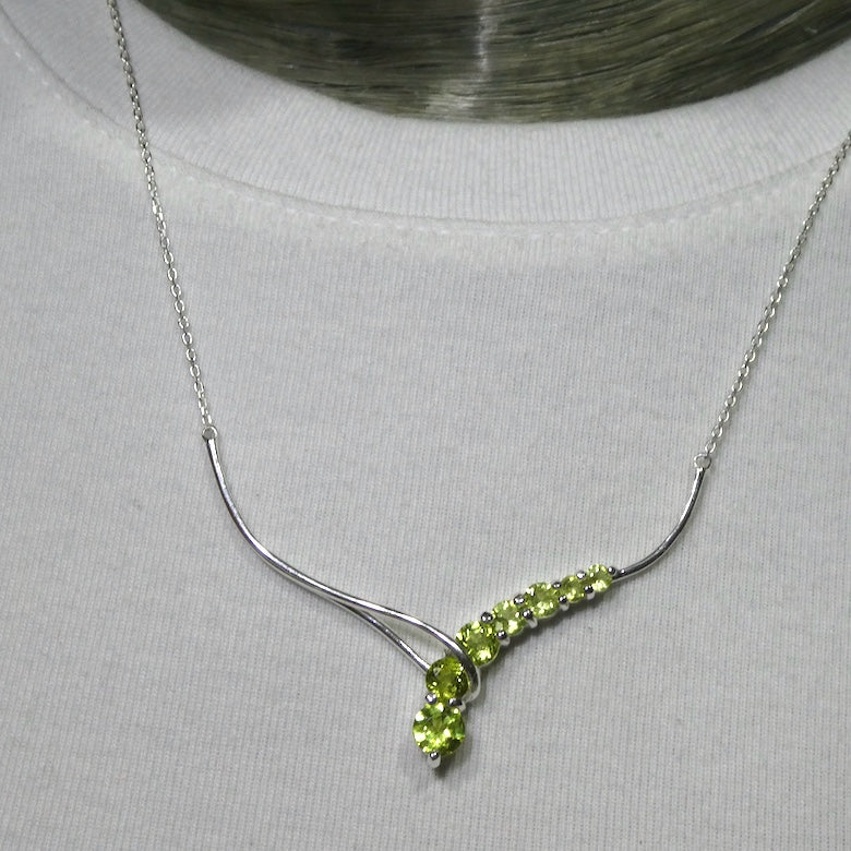 Peridot Comet Necklace, 7 Faceted Rounds, Fine Chain, 925 Silver