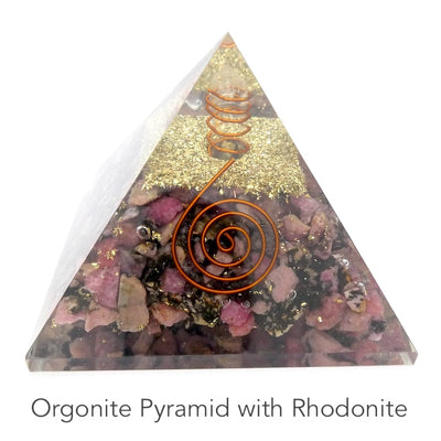 Orgonite Pyramid with genuine Rhodonite Crystal | Clear Crystal Point conduit in Copper Spiral | Accumulate Orgone Energy | Love Compassion and Grounding | Emotional Trauma | Crystal Heart Melbourne Australia since 1986