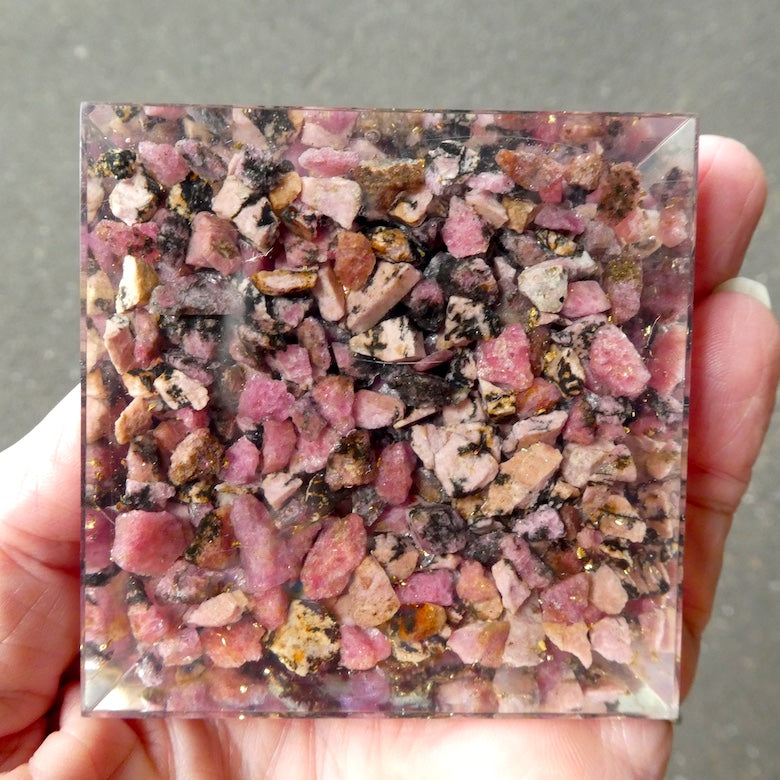 Orgonite Pyramid with genuine Rhodonite Crystal | Clear Crystal Point conduit in Copper Spiral | Accumulate Orgone Energy | Love Compassion and Grounding | Emotional Trauma | Crystal Heart Melbourne Australia since 1986