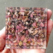 Load image into Gallery viewer, Orgonite Pyramid with genuine Rhodonite Crystal | Clear Crystal Point conduit in Copper Spiral | Accumulate Orgone Energy | Love Compassion and Grounding | Emotional Trauma | Crystal Heart Melbourne Australia since 1986