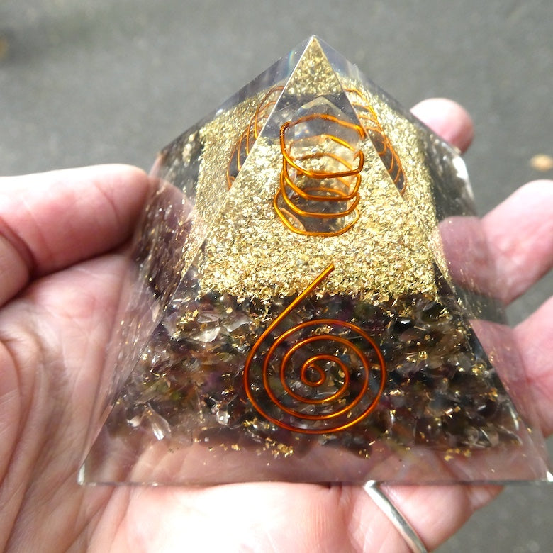 Orgonite Pyramid with Smoky Quartz enblosed |Crystal Point conduit in Copper Spiral | Orgone Energy Accumulator |  Grounding | Crystal Heart Melbourne Australia since 1986