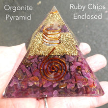 Load image into Gallery viewer, Orgonite Pyramid with Ruby Chips enclosed | Crystal Point conduit in Copper Spiral | Orgone Energy Accumulator |  Lion Heart | Crystal Heart Melbourne Australia since 1986