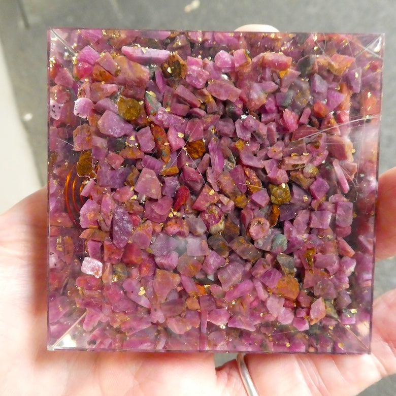 Orgonite Pyramid with Ruby Chips enclosed | Crystal Point conduit in Copper Spiral | Orgone Energy Accumulator |  Lion Heart | Crystal Heart Melbourne Australia since 1986