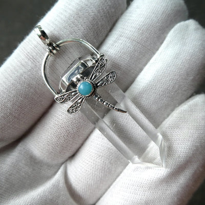 Dragonfly Pendant | 925 Sterling Silver | Lovely Detail | Amazonite Accent |  Optical Clear Quartz | Genuine Gems from Crystal Heart Melbourne Australia 1986