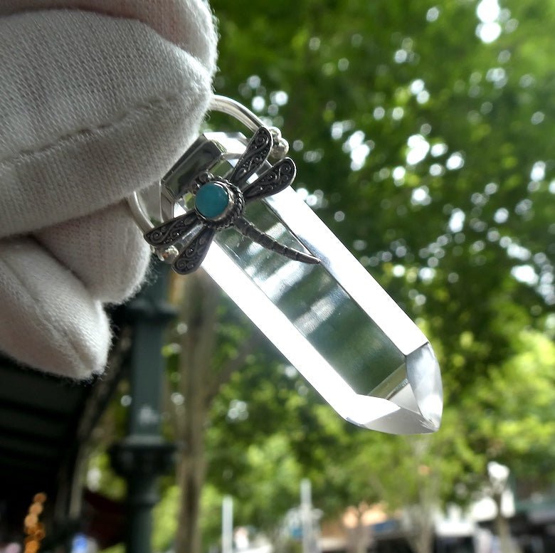 Dragonfly Pendant | 925 Sterling Silver | Lovely Detail | Amazonite Accent |  Optical Clear Quartz | Genuine Gems from Crystal Heart Melbourne Australia 1986