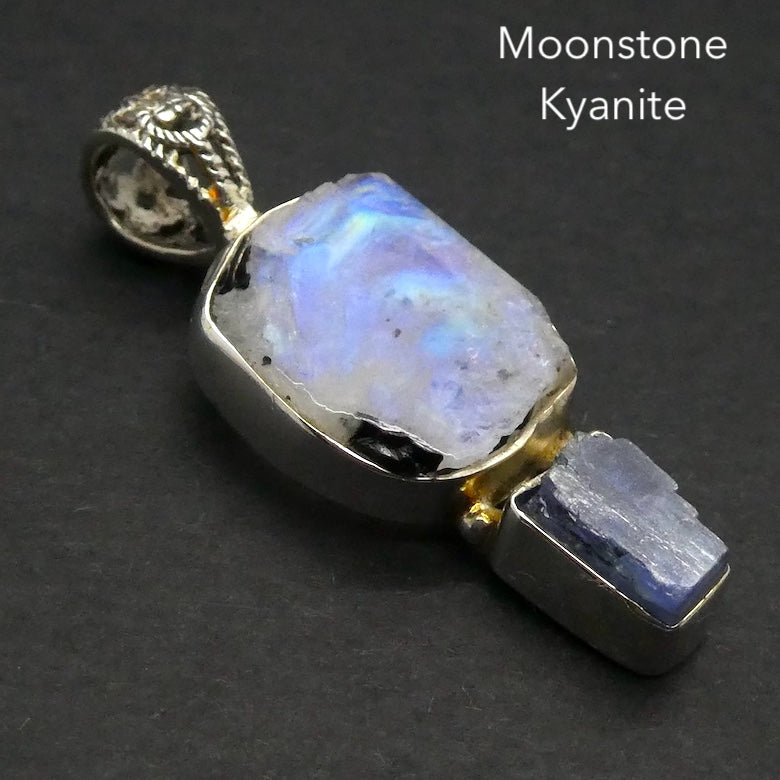 Rainbow Moonstone & Blue Kyanite Pendant | Blue Flash | Raw Chunk | 925 Sterling Silver | Open Back | Gemini Pisces Stone | Genuine Gems Crystal Heart Melbourne Australia 1986