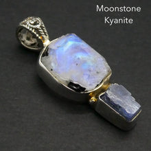Load image into Gallery viewer, Rainbow Moonstone &amp; Blue Kyanite Pendant | Blue Flash | Raw Chunk | 925 Sterling Silver | Open Back | Gemini Pisces Stone | Genuine Gems Crystal Heart Melbourne Australia 1986