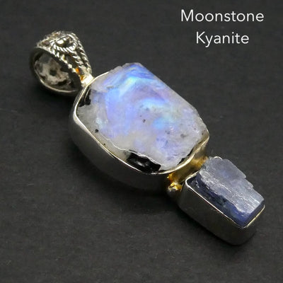 Rainbow Moonstone & Blue Kyanite Pendant | Blue Flash | Raw Chunk | 925 Sterling Silver | Open Back | Gemini Pisces Stone | Genuine Gems Crystal Heart Melbourne Australia 1986