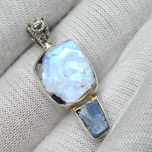 Rainbow Moonstone & Blue Kyanite Pendant | Blue Flash | Raw Chunk | 925 Sterling Silver | Open Back | Gemini Pisces Stone | Genuine Gems Crystal Heart Melbourne Australia 1986
