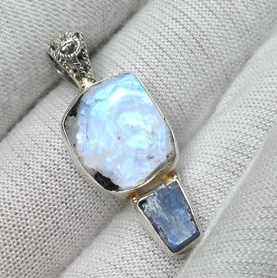 Rainbow Moonstone & Blue Kyanite Pendant | Blue Flash | Raw Chunk | 925 Sterling Silver | Open Back | Gemini Pisces Stone | Genuine Gems Crystal Heart Melbourne Australia 1986