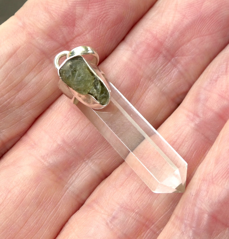 Raw Moldavite Nugget Pendant On Clear Quartz Point | 925 Sterling Silver | Genuine Gems from Crystal Heart Melbourne Australia since 1986 