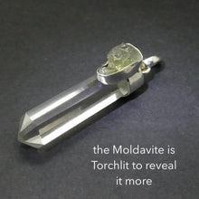 Load image into Gallery viewer, Raw Moldavite Nugget Pendant On Clear Quartz Point | 925 Sterling Silver | Genuine Gems from Crystal Heart Melbourne Australia since 1986 