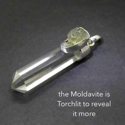 Raw Moldavite Nugget Pendant On Clear Quartz Point | 925 Sterling Silver | Genuine Gems from Crystal Heart Melbourne Australia since 1986 