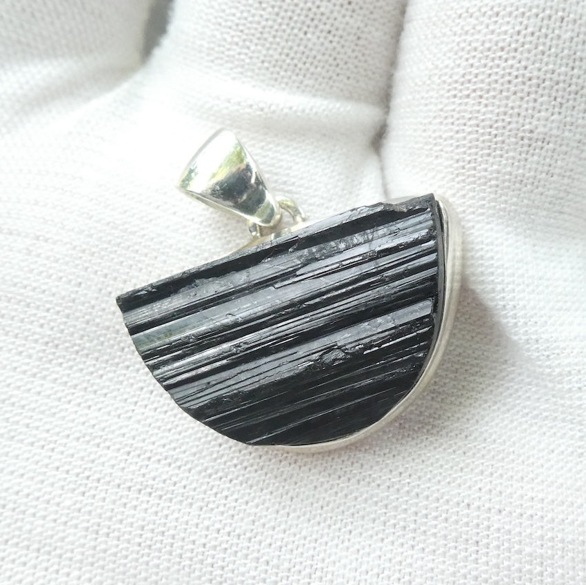 Black Tourmaline Pendant | Raw unpolished crystal | half circle | Bezel set | 925 Sterling Silver | Genuine Gems from Crystal Heart Melbourne Australia since 1986