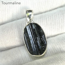 Load image into Gallery viewer, Black Tourmaline Pendant | Raw unpolished crystal | Ocval | Open Bezel set | 925 Sterling Silver | Genuine Gems from Crystal Heart Melbourne Australia est 1986
