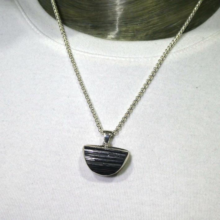 Black Tourmaline Pendant | Raw unpolished crystal | half circle | Bezel set | 925 Sterling Silver | Genuine Gems from Crystal Heart Melbourne Australia since 1986