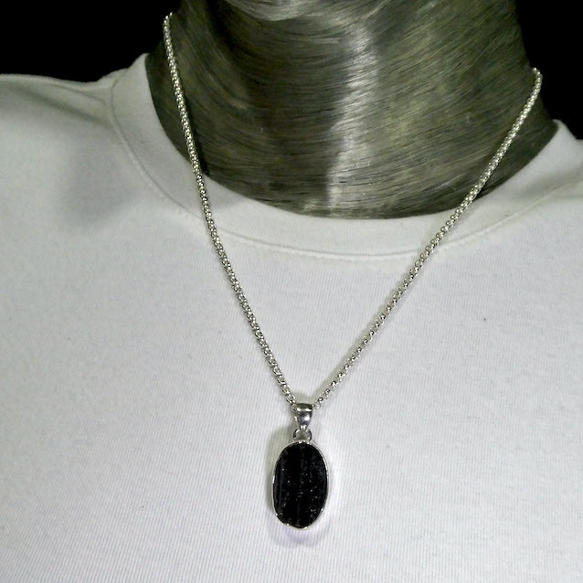 Black Tourmaline Pendant | Raw unpolished crystal | Ocval | Open Bezel set | 925 Sterling Silver | Genuine Gems from Crystal Heart Melbourne Australia est 1986