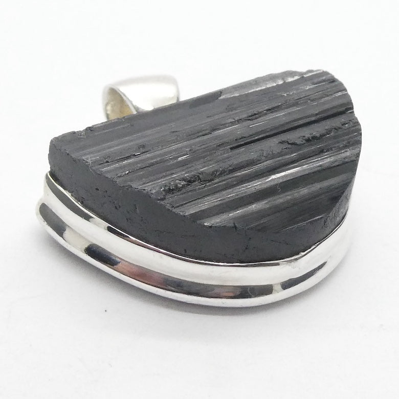 Black Tourmaline Pendant | Raw unpolished crystal | half circle | Bezel set | 925 Sterling Silver | Genuine Gems from Crystal Heart Melbourne Australia since 1986