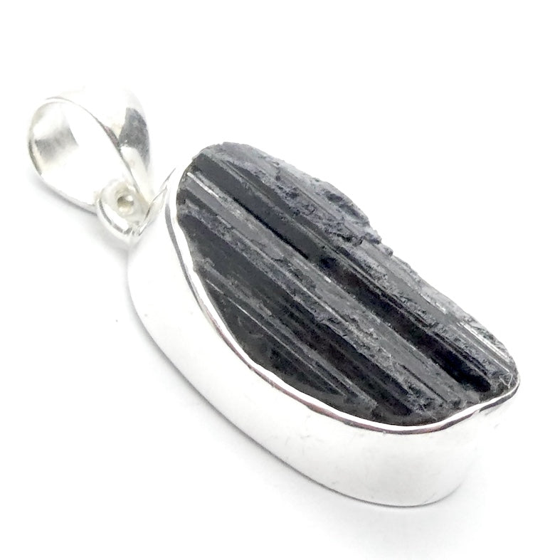 Black Tourmaline Pendant | Raw unpolished crystal | Ocval | Open Bezel set | 925 Sterling Silver | Genuine Gems from Crystal Heart Melbourne Australia est 1986