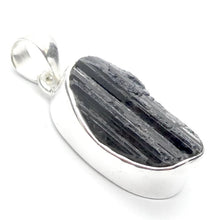 Load image into Gallery viewer, Black Tourmaline Pendant | Raw unpolished crystal | Ocval | Open Bezel set | 925 Sterling Silver | Genuine Gems from Crystal Heart Melbourne Australia est 1986