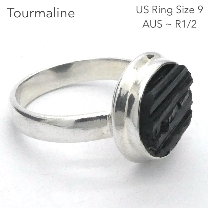 Black Tourmaline Ring | Raw crystal Circle | Open Bezel set | 925 Sterling Silver | AUS Size R1/2 | US Size 9 | Crystal Heart Melbourne Australia est 1986