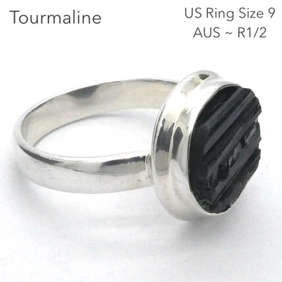Black Tourmaline Ring | Raw crystal Circle | Open Bezel set | 925 Sterling Silver | AUS Size R1/2 | US Size 9 | Crystal Heart Melbourne Australia est 1986