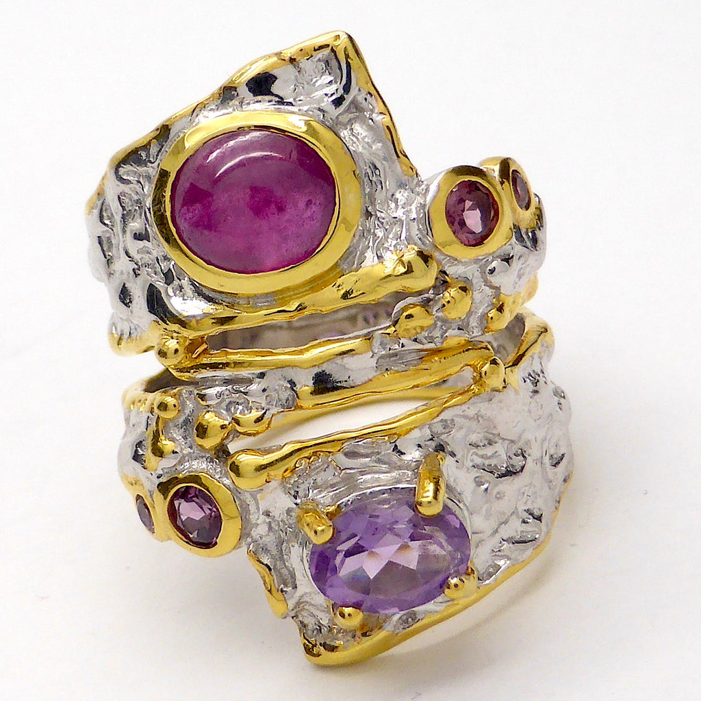 Genuine Ruby Cabochon, Faceted Amethyst, Rubellite Accents  | Unique one off design | Distressed 925 Silver with Gold Highlights | Spiral Twist | Genuine Gems from Crystal Heart Melbourne 1986