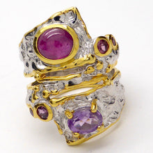 Load image into Gallery viewer, Genuine Ruby Cabochon, Faceted Amethyst, Rubellite Accents  | Unique one off design | Distressed 925 Silver with Gold Highlights | Spiral Twist | Genuine Gems from Crystal Heart Melbourne 1986