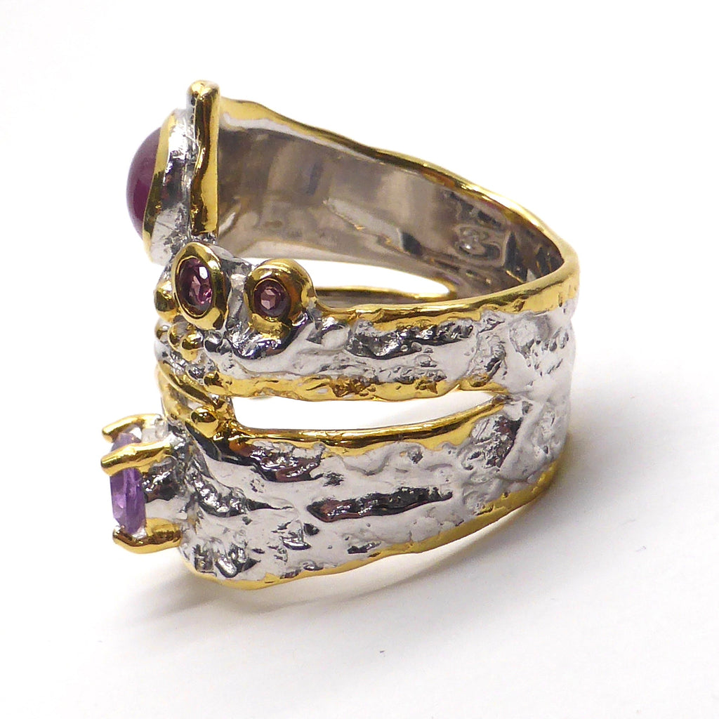 Genuine Ruby Cabochon, Faceted Amethyst, Garnet Accents  | 925 Silver with Gold Highlights | Spiral Twist | Crystal Heart Melbourne 1986