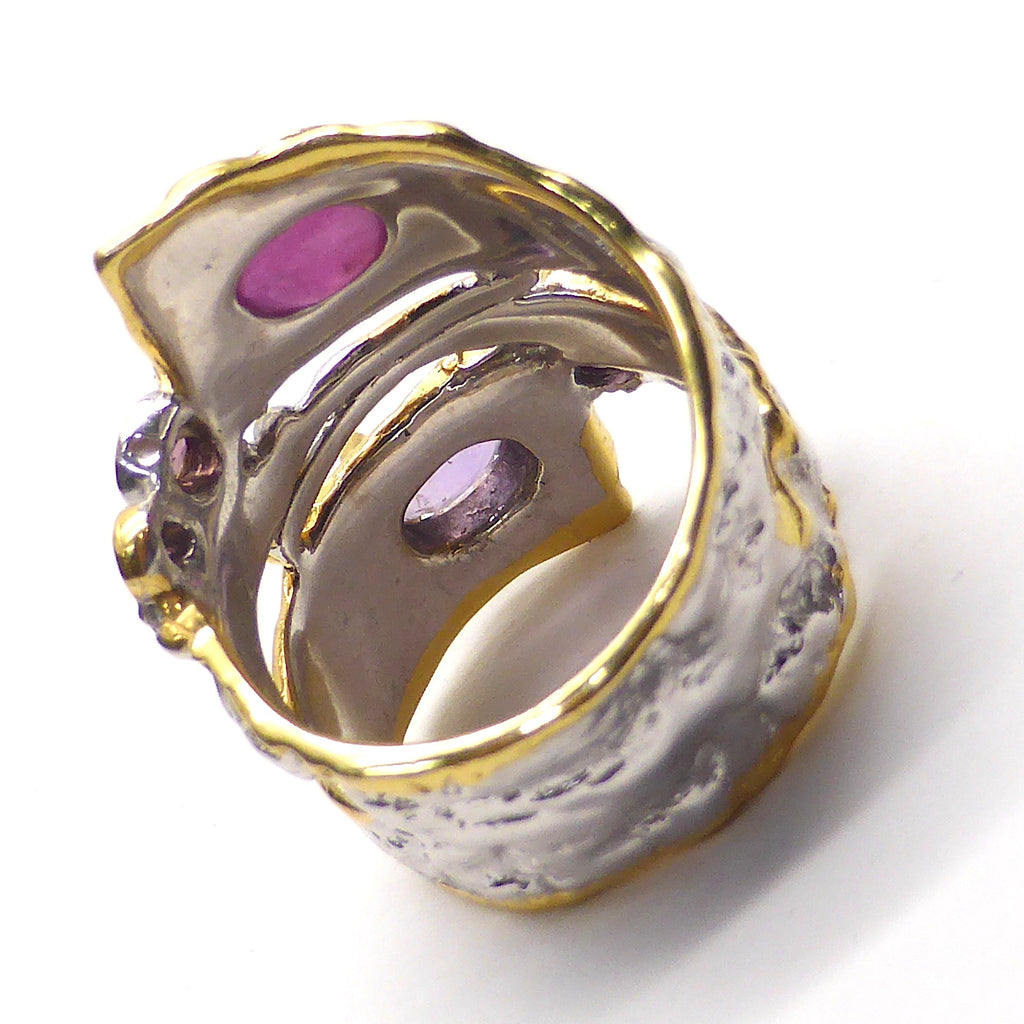 Genuine Ruby Cabochon, Faceted Amethyst, Garnet Accents  | 925 Silver with Gold Highlights | Spiral Twist | Crystal Heart Melbourne 1986