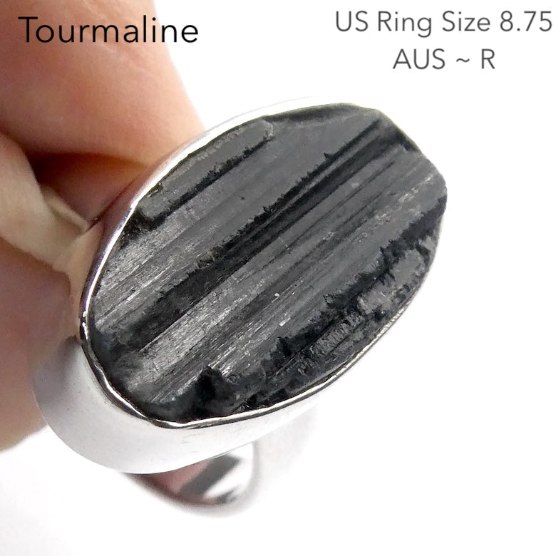 Black Tourmaline Ring | Natural uncut Oval | Open Bezel |  925 Sterling Silver | AUS Size R| US Size 8.75 | Crystal Heart Melbourne Australia since 1986