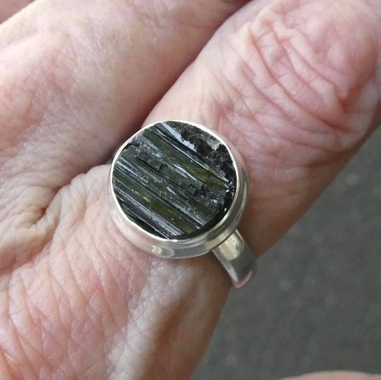 Black Tourmaline Ring | Raw crystal Circle | Open Bezel set | 925 Sterling Silver | AUS Size R1/2 | US Size 9 | Crystal Heart Melbourne Australia est 1986