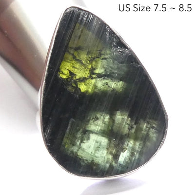 Green Black Tourmaline Ring | Natural uncut Teardrop| Open Bezel | 925 Sterling Silver | US Size 7.5 to 8.5 | Crystal Heart Melbourne Australia since 1986