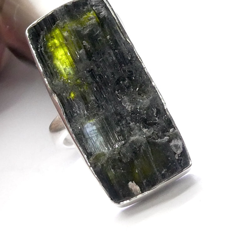 Green Black Blue Tourmaline Ring | Natural uncut Oblong | Open Bezel | 925 Sterling Silver | US Size 7.5 to 8.5 | Crystal Heart Melbourne Australia since 1986