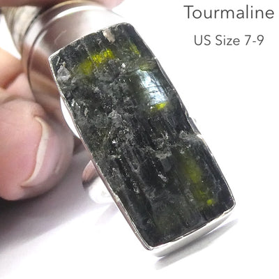 Green Black Blue Tourmaline Ring | Natural uncut Oblong | Open Bezel | 925 Sterling Silver | US Size 7.5 to 8.5 | Crystal Heart Melbourne Australia since 1986