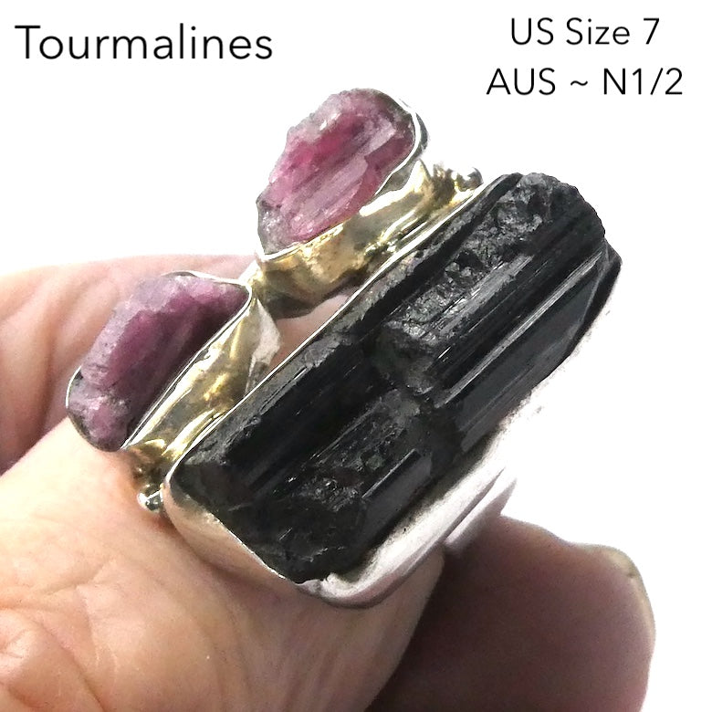 Tourmaline Ring | Raw uncut crystals | Black and Pink | Open Bezel | 925 Silver | US Size 7 | AUS Size N1/2 |  Crystal Heart Melbourne Australia since 1986