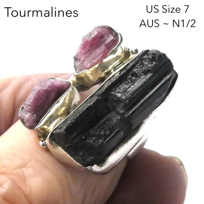  Tourmaline Ring | Raw uncut crystals | Black and Pink | Open Bezel | 925 Silver | US Size 7 | AUS Size N1/2 |  Crystal Heart Melbourne Australia since 1986