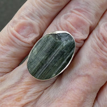 Load image into Gallery viewer, Green Black Blue Tourmaline Ring | Natural uncut Oblong | Open Bezel | 925 Sterling Silver | US Size 7.5 to 8.5 | Crystal Heart Melbourne Australia since 1986