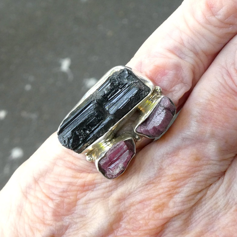  Tourmaline Ring | Raw uncut crystals | Black and Pink | Open Bezel | 925 Silver | US Size 7 | AUS Size N1/2 |  Crystal Heart Melbourne Australia since 1986