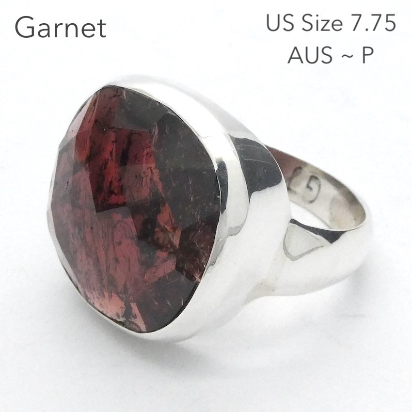 Garnet Ring | Large Faceted Square | 925 Sterling Silver | US Size 7.75 | AUS  Size P | Genuine Gems from Crystal Heart Melbourne Australia Est 1986