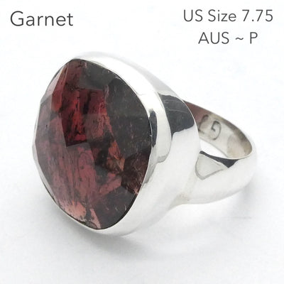 Garnet Ring | Large Faceted Square | 925 Sterling Silver | US Size 7.75 | AUS  Size P | Genuine Gems from Crystal Heart Melbourne Australia Est 1986
