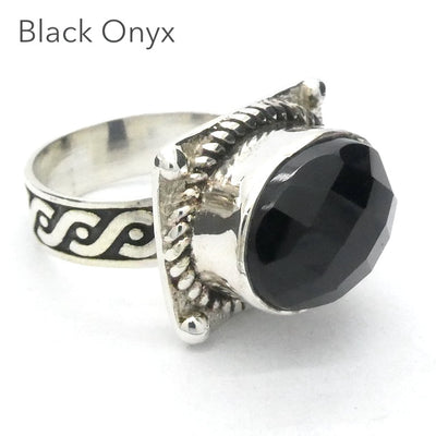 Black Onyx Ring | Faceted Oval | 925 Sterling Silver | Intricate Gothic inspired detaI | US SIZE 6, 7, 8, 8.5 | Crystal Heart Melbourne est 1986