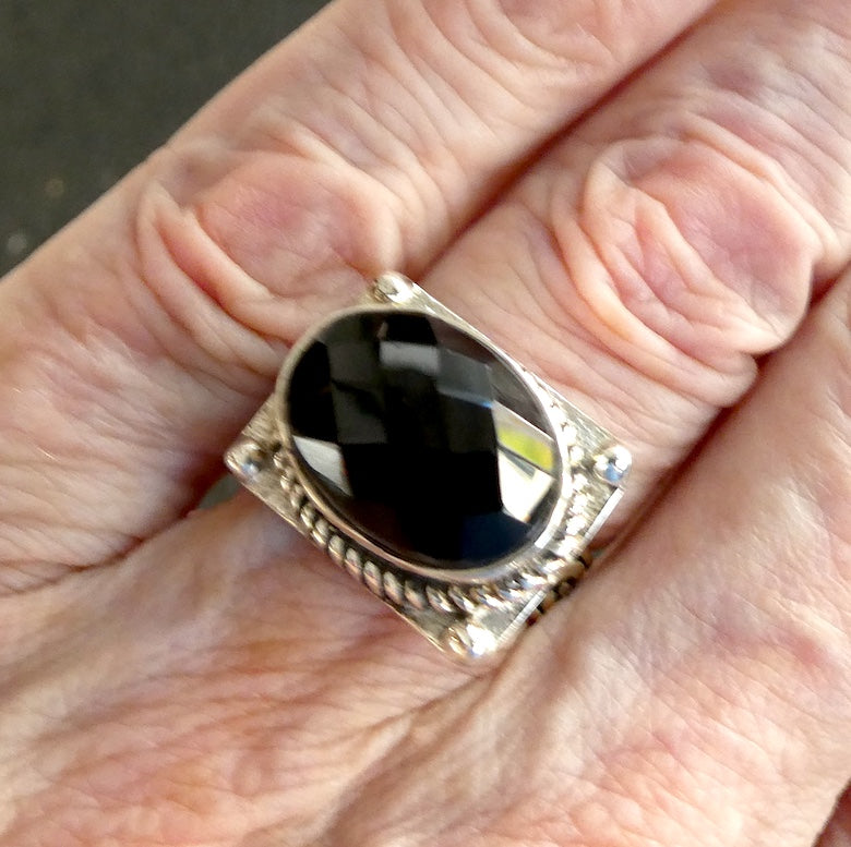 Black Onyx Ring | Faceted Oval | 925 Sterling Silver | Intricate Gothic inspired detaiI | US SIZE 6, 7, 8, 8.5 | Crystal Heart Melbourne est 1986